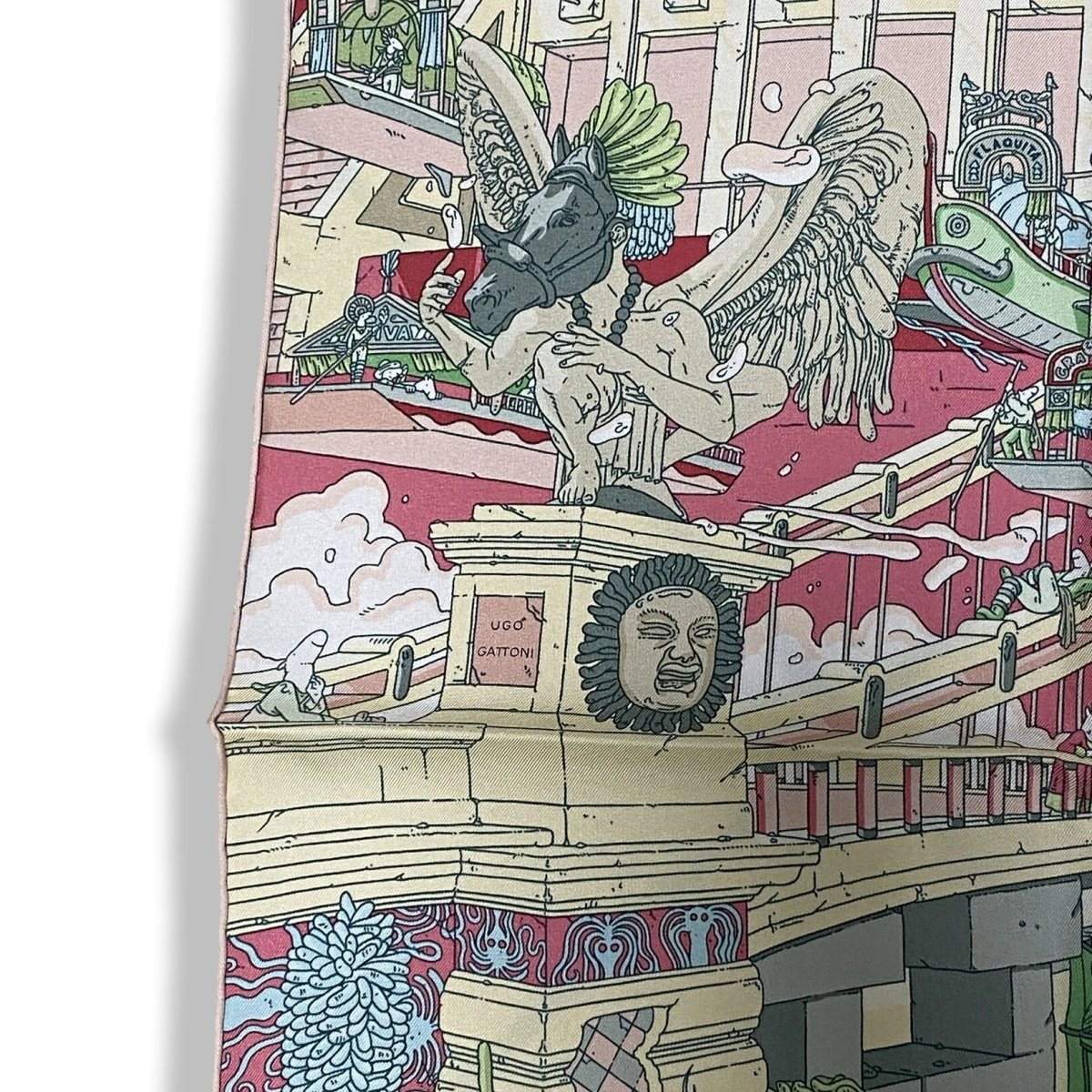Hermes Vert/Blanc/Rose LA LEGENDE DU CHEVAL A PLUMES by Ugo Gattoni Twill Carre 90cm cm, BNWTIB! - poupishop