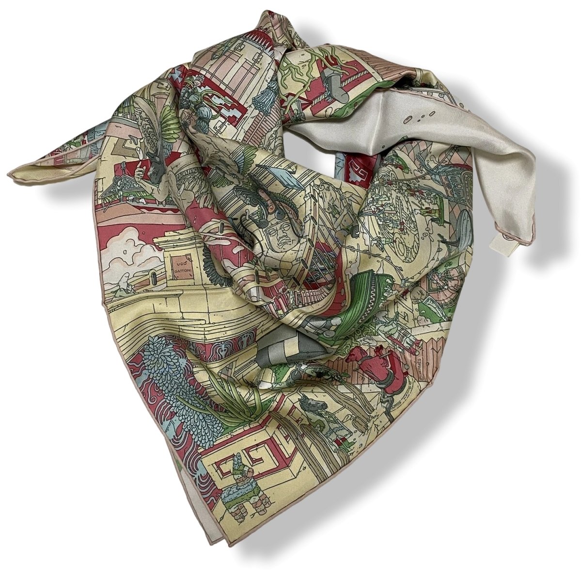 Hermes Vert/Blanc/Rose LA LEGENDE DU CHEVAL A PLUMES by Ugo Gattoni Twill Carre 90cm cm, BNWTIB! - poupishop