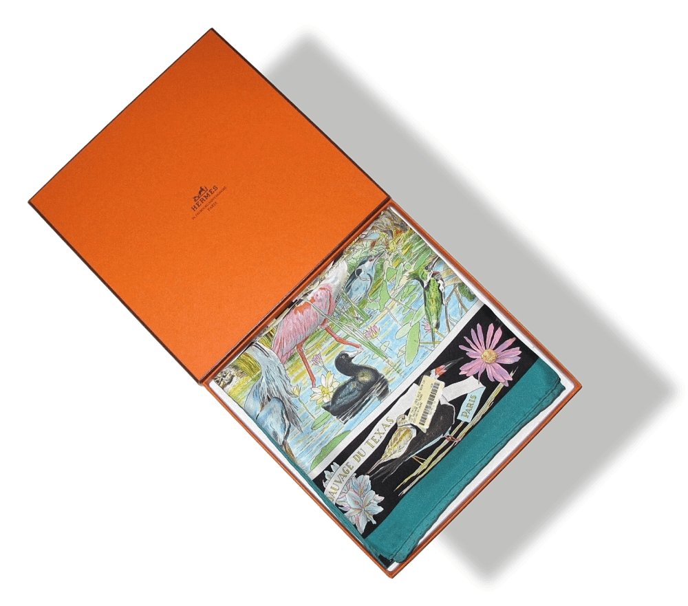 Hermes Vert/Noir/Jaune LA VIE SAUVAGE DU TEXAS by Kermit Oliver Blanc Matt Overprint Twill 90cm, NWTIB! - poupishop