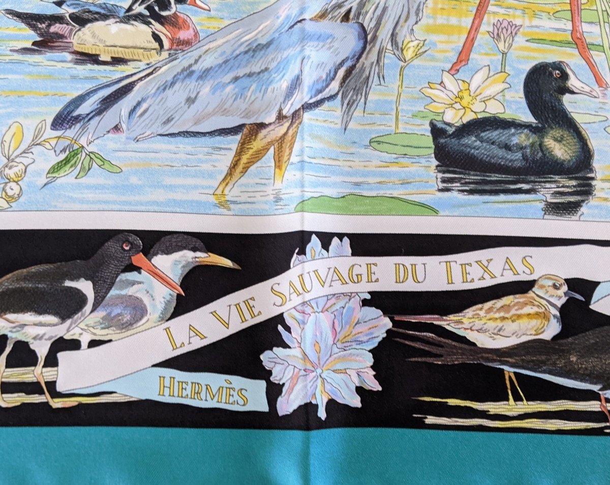 Hermes Vert/Noir/Jaune LA VIE SAUVAGE DU TEXAS by Kermit Oliver Blanc Matt Overprint Twill 90cm, NWTIB! - poupishop