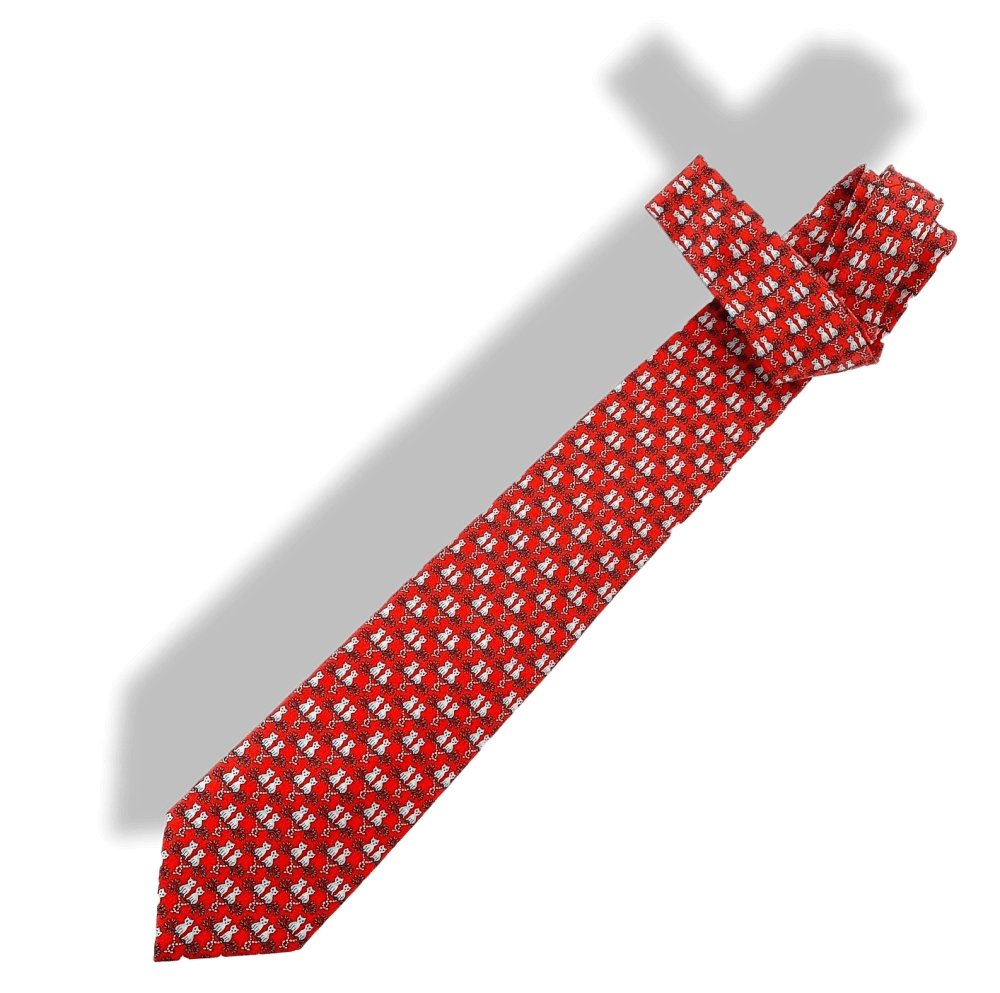 Hermes Vibrant Red Sky Grey Cats MAKI LOVE Chats Twill Silk Tie, NWT in Pochette! - poupishop