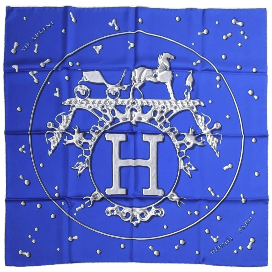 Produits Hermes 2007 Bleu/Blanc/Argent Vif Argent by Dimitri Rybaltchenko Twill 90cm