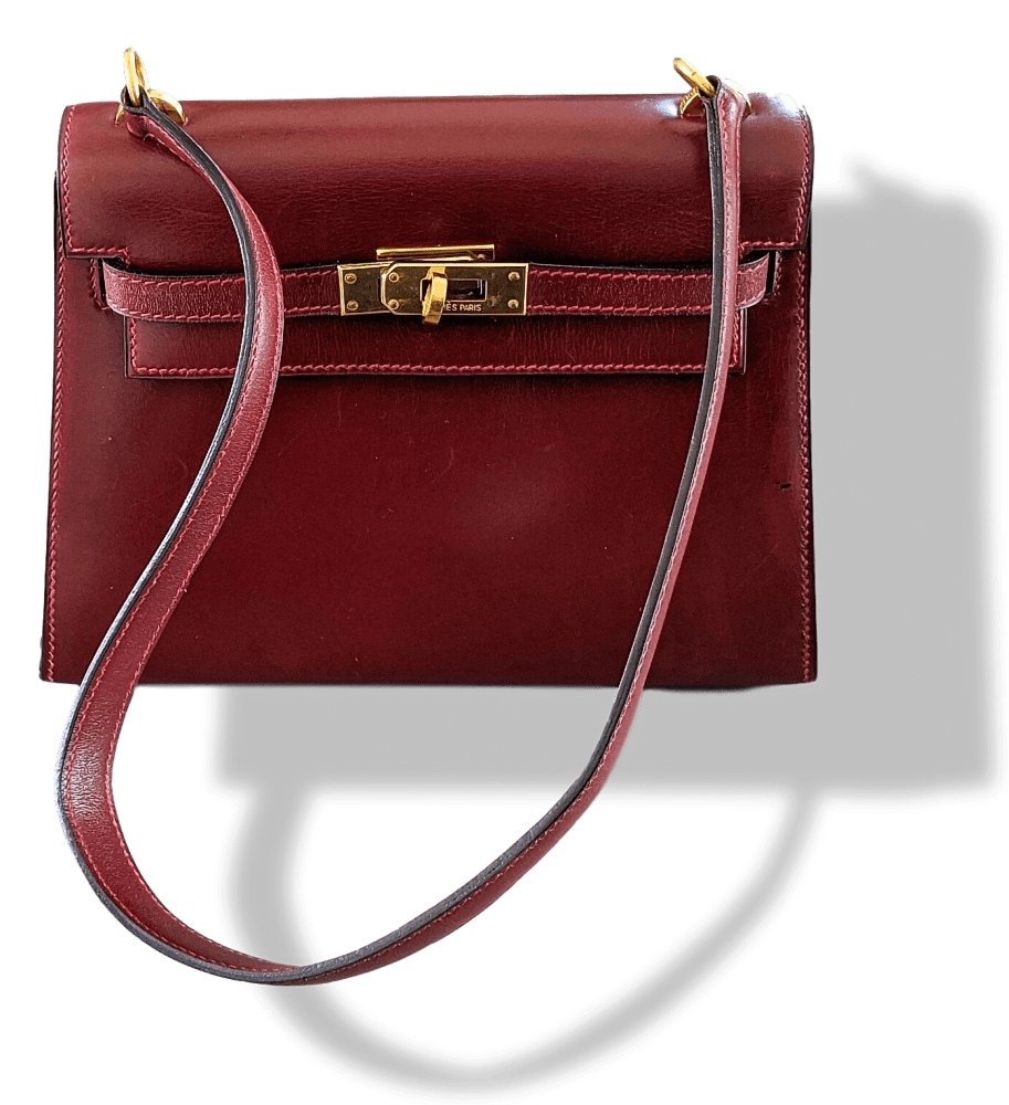 Hermes Vintage 1960-70s Burgundy Box MINI SHOULDER KELLY SELLIER 20 CM Bag Handbag, Rare! - poupishop