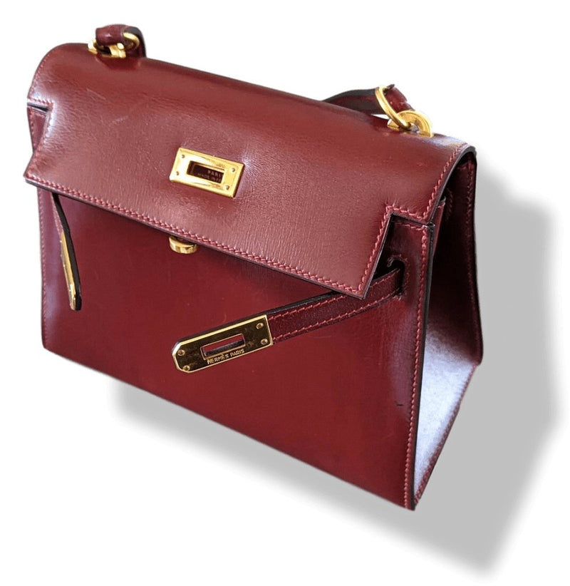 Hermes Vintage 1960-70s Burgundy Box MINI SHOULDER KELLY SELLIER 20 CM Bag  Handbag Rare!