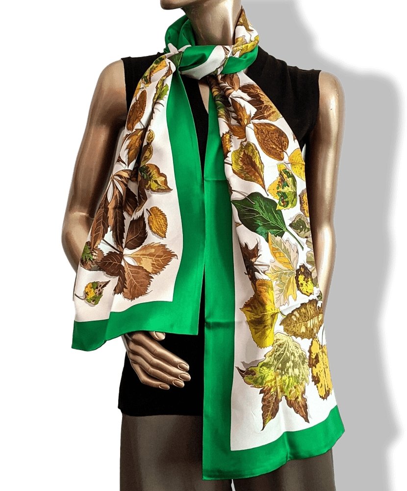 Hermes Vintage 1960-70s Green/White Leaves TOURBILLON Twill Silk Long Stole Double Face, BNEW! - poupishop