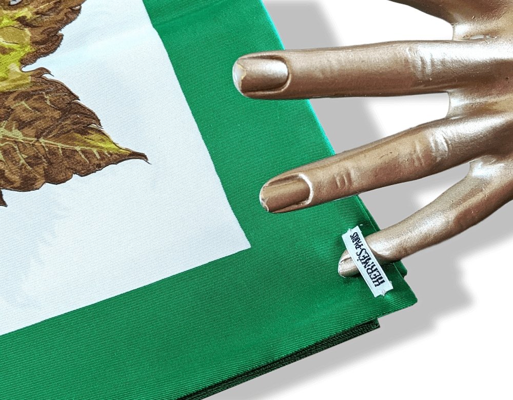 Hermes Vintage 1960-70s Green/White Leaves TOURBILLON Twill Silk Long Stole Double Face, BNEW! - poupishop