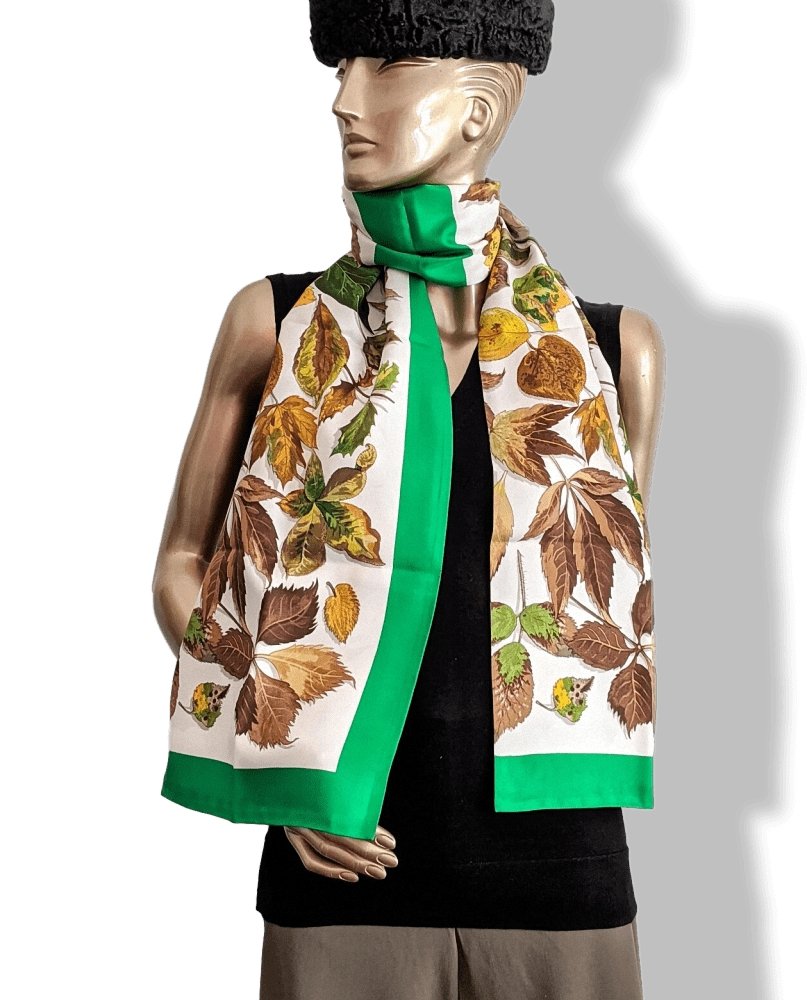 Hermes Vintage 1960-70s Green/White Leaves TOURBILLON Twill Silk Long Stole Double Face, BNEW! - poupishop