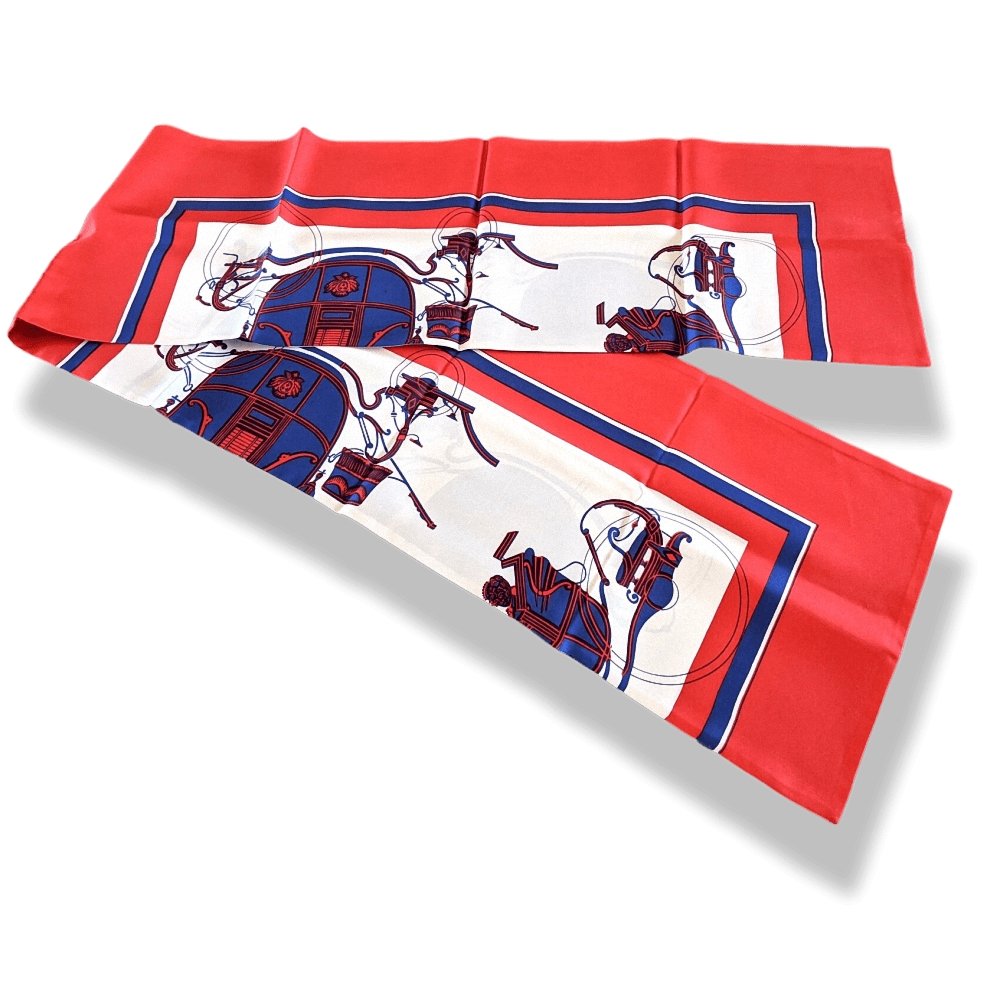 Hermes Vintage 1960-70s Red/White/Blue EX LIBRIS Twill Silk Long Stole Double Face, BNEW with Flaw! - poupishop