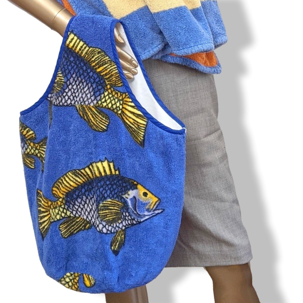 Hermes Vintage 1970s Blue/Red-Orange POISSONS Fishes Beach Bag, Incredible! - poupishop