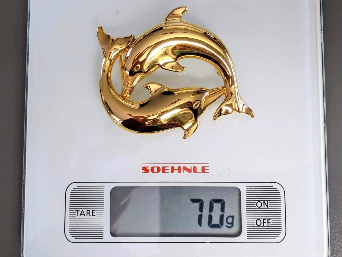 Hermes Vintage 1990cms Plated Yellow Gold DOLFINS Belt Buckle 32 mm, Rare! - poupishop