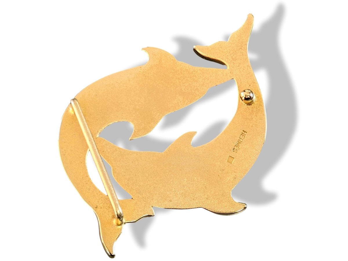 Hermes Vintage 1990cms Plated Yellow Gold DOLFINS Belt Buckle 32 mm, Rare! - poupishop