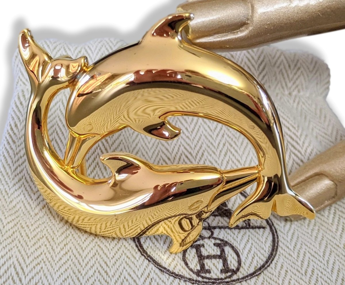 Hermes Vintage 1990cms Plated Yellow Gold DOLFINS Belt Buckle 32 mm, Rare! - poupishop