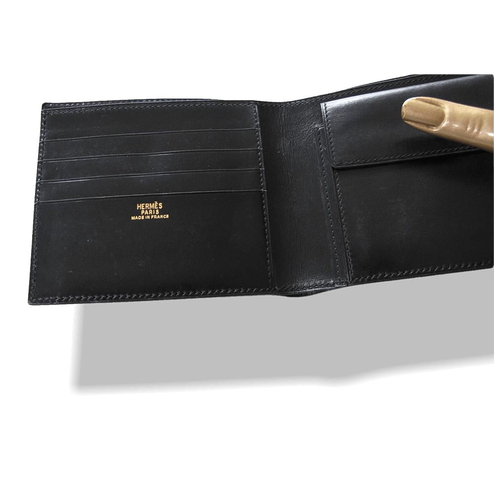 Hermes Vintage 1995 Black Box Leather Unisex Billfold Wallet With Coin Pocket, Mint! - poupishop