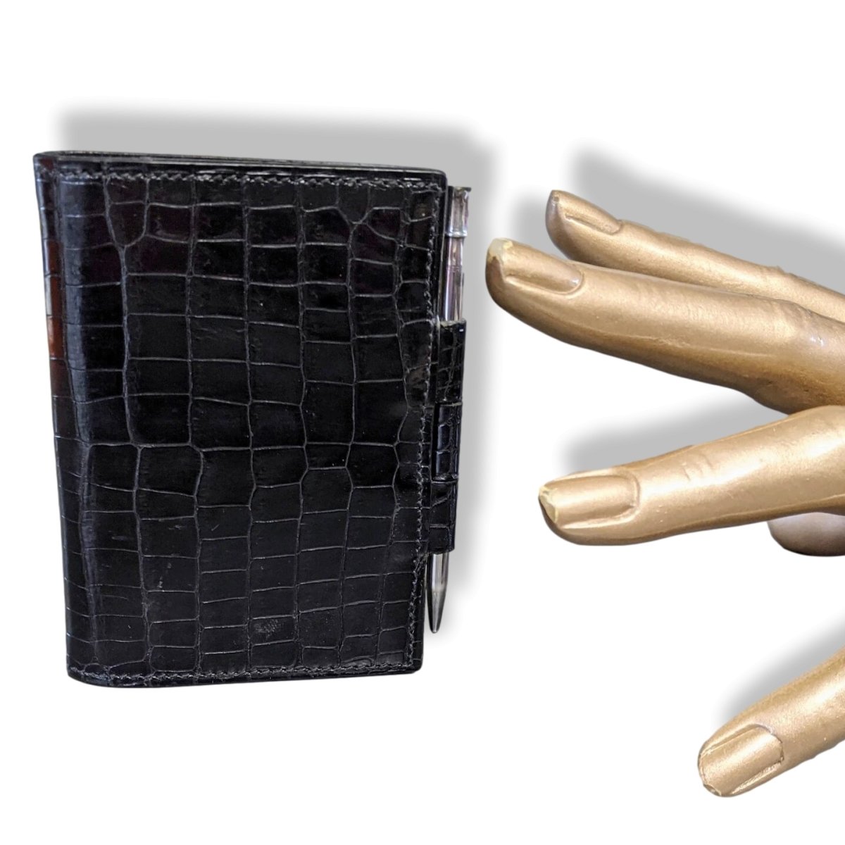 Hermes Vintage 60s Black Crocodile Mini Agenda 1 Pin & Silver Mechanical Pencil, Mint! - poupishop