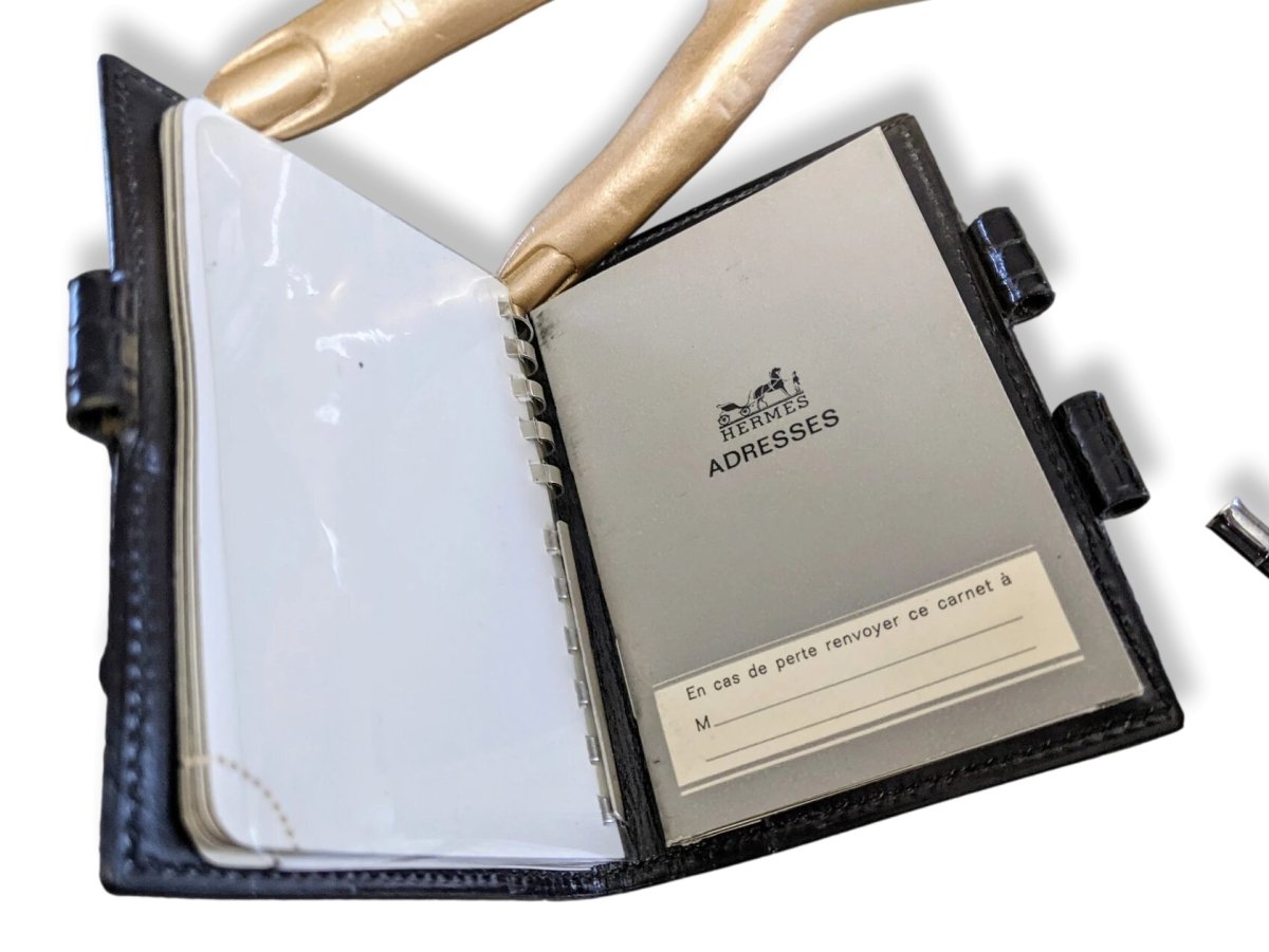Hermes Vintage 60s Black Crocodile Mini Agenda 1 Pin & Silver Mechanical Pencil, Mint! - poupishop