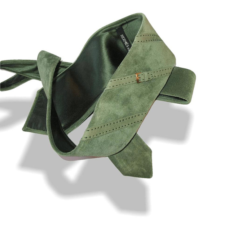 Hermes Vintage 60s Green Suede with Gold Buckle Lined with Satin of Silk Tie, Rare! - poupishop