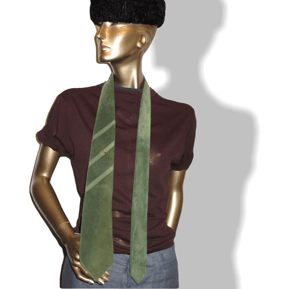 Hermes Vintage 60s Green Suede with Gold Buckle Lined with Satin of Silk Tie, Rare! - poupishop
