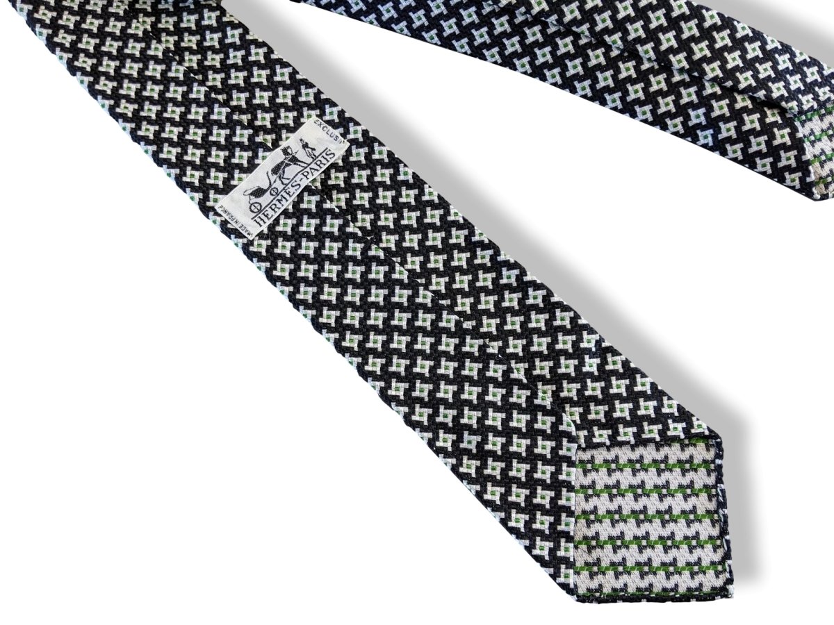 Hermes Vintage 60s Noir/Blanc/Vert Silk Tie Silk 7,5 cm/2.95", Retro look! - poupishop