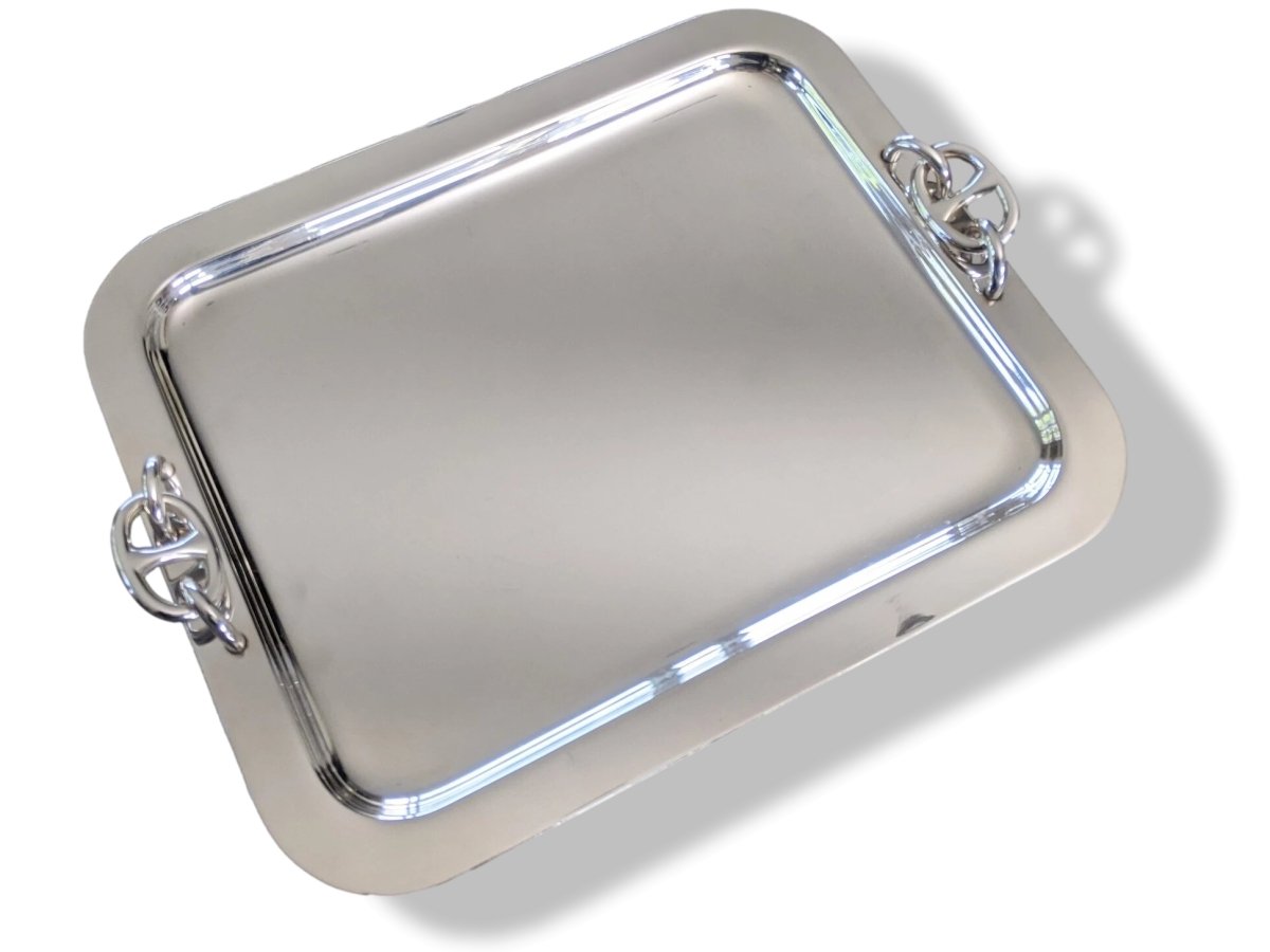 Hermes Vintage 80s Plated Silver Metal SMALL TRAY CHAINE D'ANCRE Plateau de service 27 x 22 cm, Rare! - poupishop