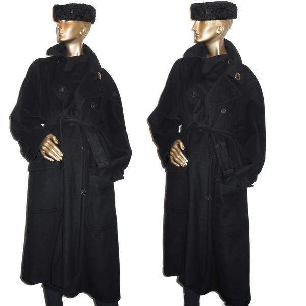 Hermes Vintage 90cms Black 100% Cashmere Men Print Coat, Sz52 - poupishop
