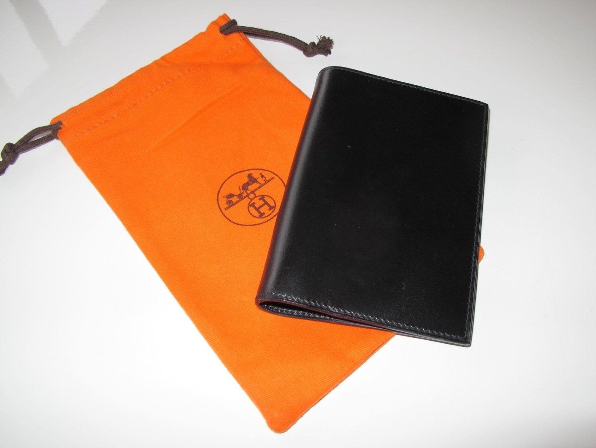 Hermes Vintage Black Box Leather Double Agenda Cover, Rare in Pochette! - poupishop
