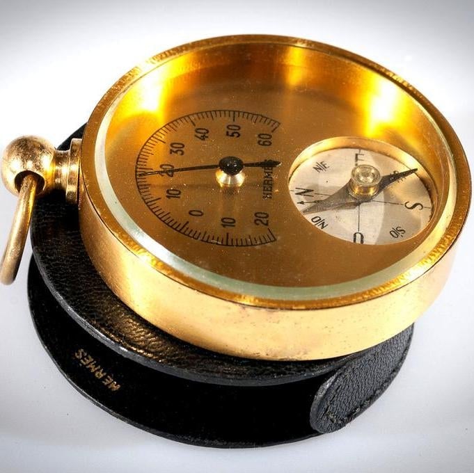 Hermes Vintage Black Goat/Brass Pocket Thermometer Compass - poupishop