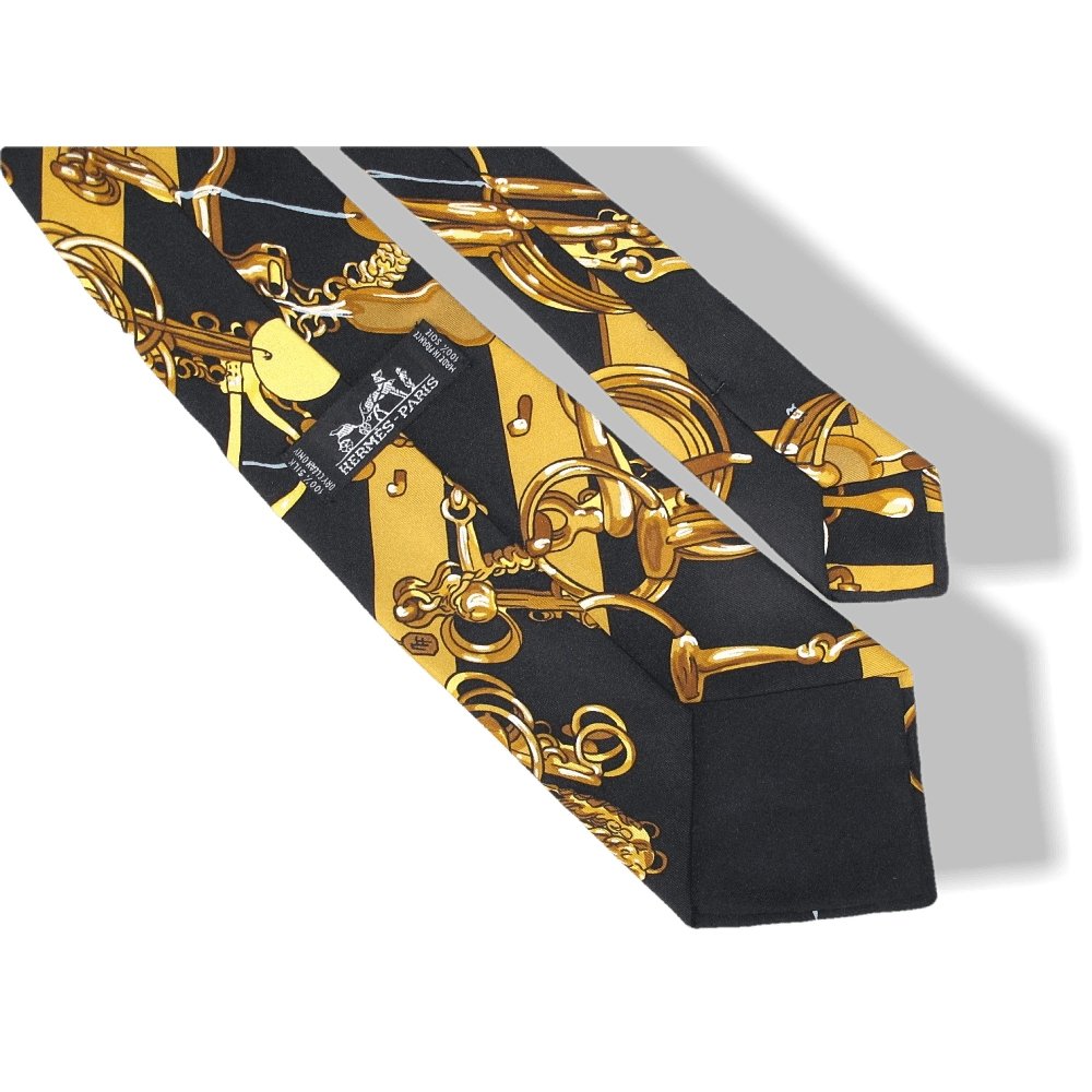 Hermes Vintage Black & Gold Mors et Filets Print Scarf with Blanc Matt Overlay Twill Silk Tie, Mint! - poupishop