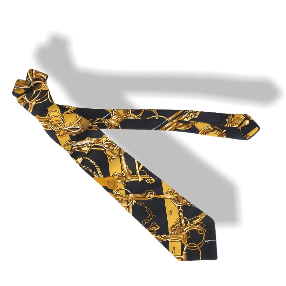 Hermes Vintage Black & Gold Mors et Filets Print Scarf with Blanc Matt Overlay Twill Silk Tie, Mint! - poupishop