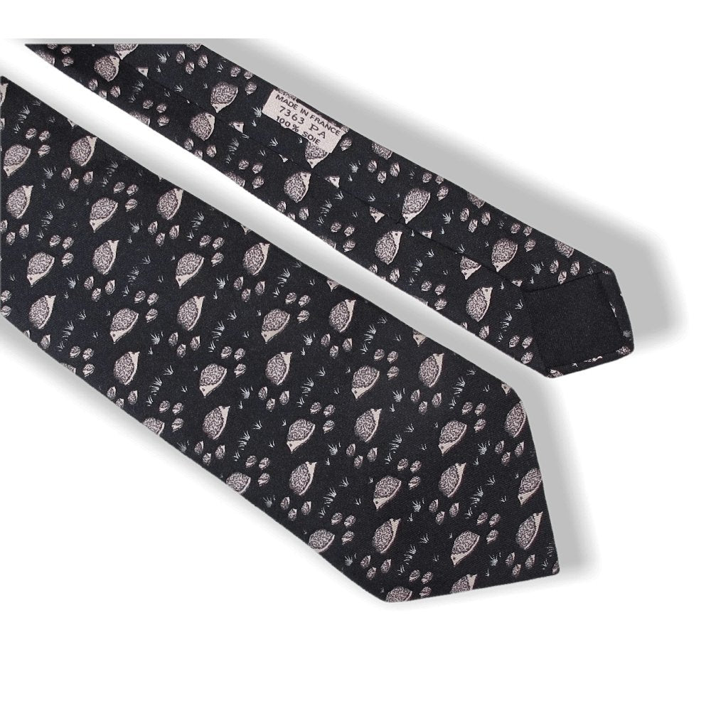 Hermes Vintage Black Hedgehogs Silk Tie 7363 PA - poupishop