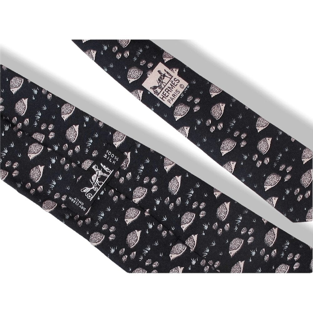 Hermes Vintage Black Hedgehogs Silk Tie 7363 PA - poupishop