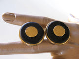 Hermes Vintage Black leather/Plated Gold Sellier Clip on Earrings - poupishop