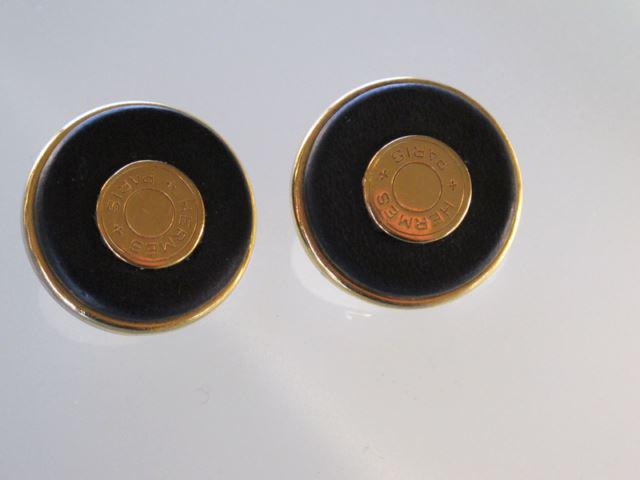 Hermes Vintage Black leather/Plated Gold Sellier Clip on Earrings - poupishop