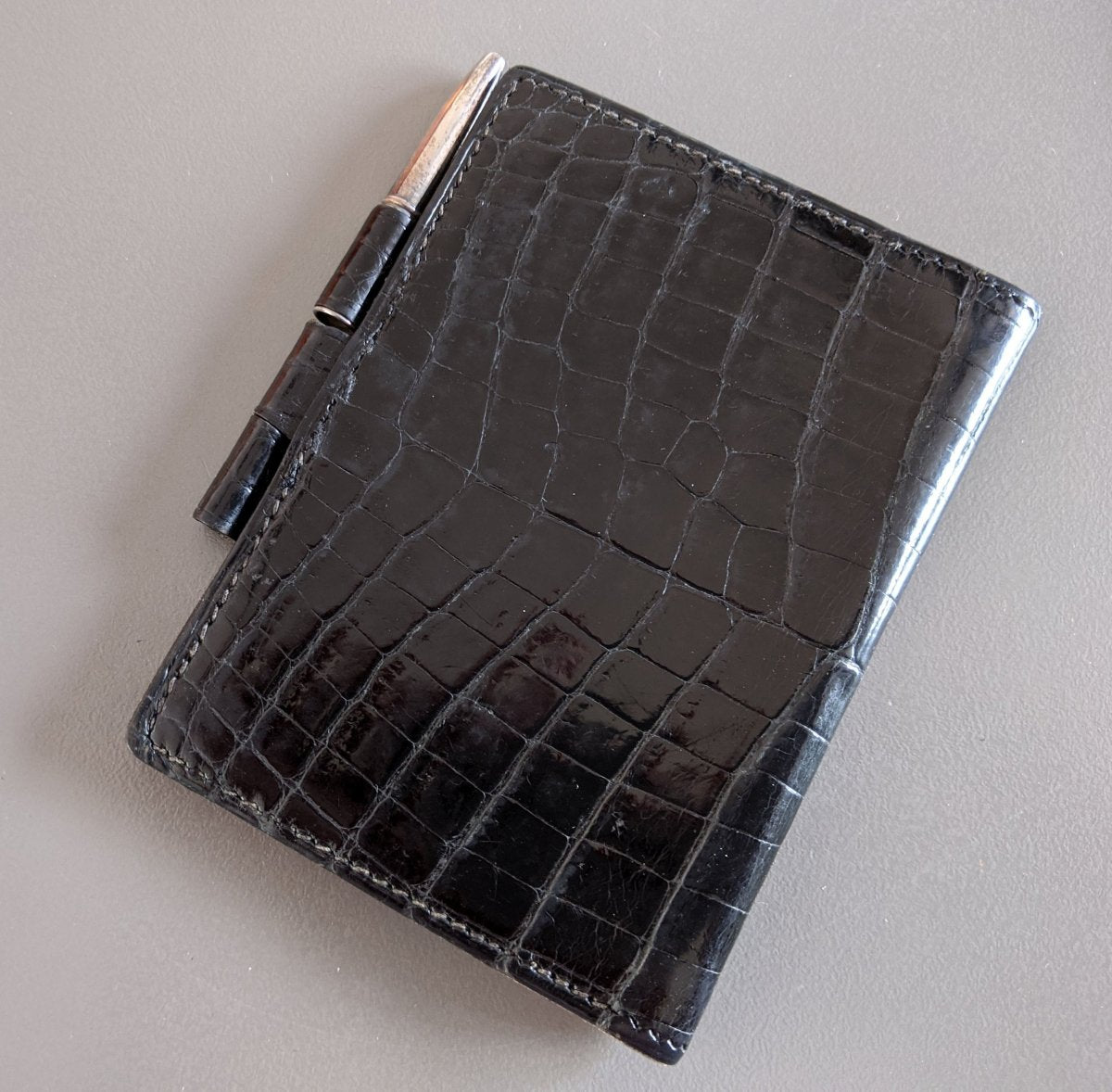 Hermes Vintage Black Vintage Crocodile Agenda Cover Mini 1 Pin with Silver Mechanical Pencil, Mint! - poupishop
