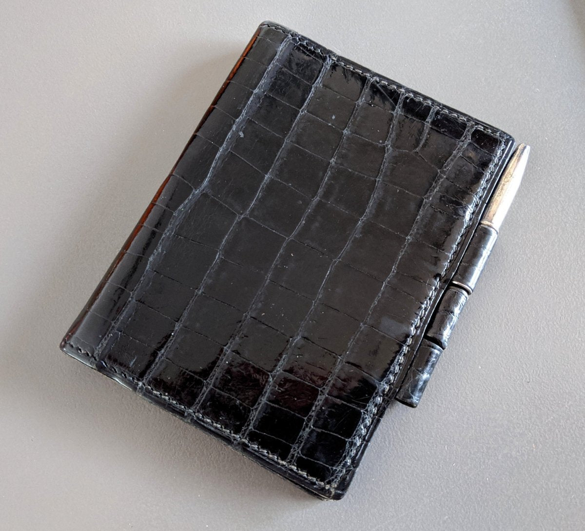 Hermes Vintage Black Vintage Crocodile Agenda Cover Mini 1 Pin with Silver Mechanical Pencil, Mint! - poupishop