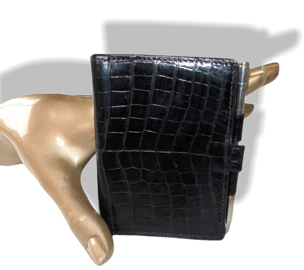 Hermes Vintage Black Vintage Crocodile Agenda Cover Mini 1 Pin with Silver Mechanical Pencil, Mint! - poupishop