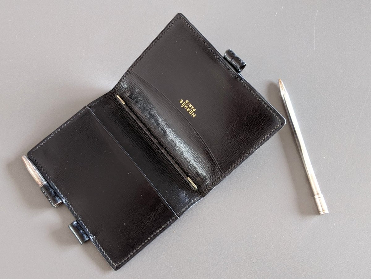 Hermes Vintage Black Vintage Crocodile Agenda Cover Mini 1 Pin with Silver Mechanical Pencil, Mint! - poupishop