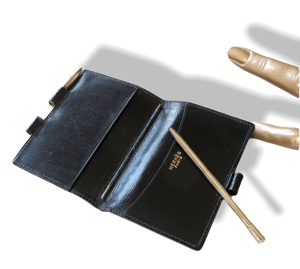 Hermes Vintage Black Vintage Crocodile Agenda Cover Mini 1 Pin with Silver Mechanical Pencil, Mint! - poupishop