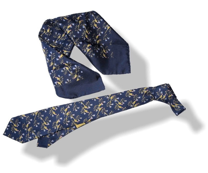 Hermes Vintage Blue Gold Pheasants Set of Pocket Scarf & Matching Tie Twill Silk - poupishop
