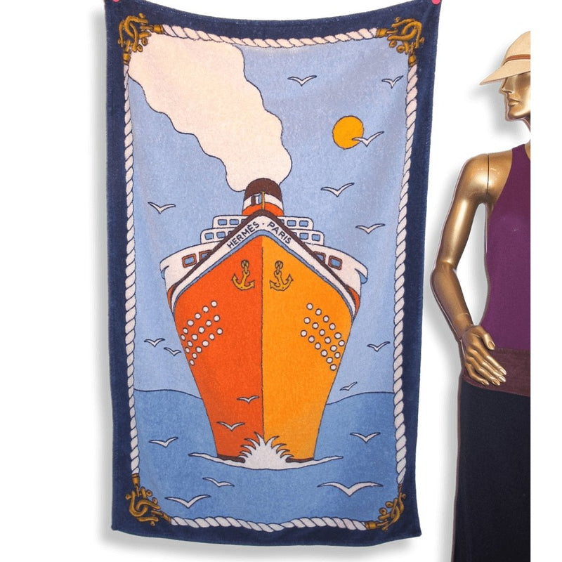 Hermes Vintage Blue Orange Boat Paquebot Print Terry Cotton Beach Towel 150 x 90cm cm - poupishop