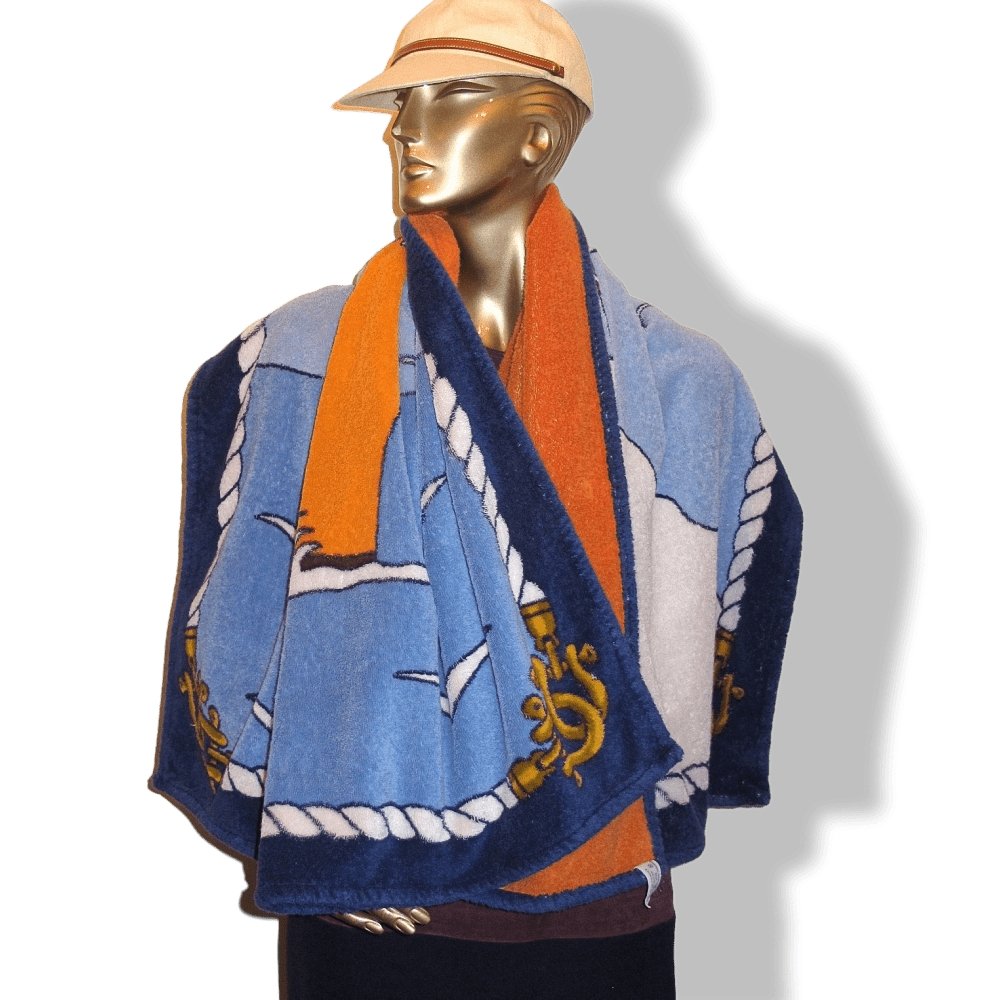 Hermes Vintage Blue Orange Boat Paquebot Print Terry Cotton Beach Towel 150 x 90cm cm - poupishop