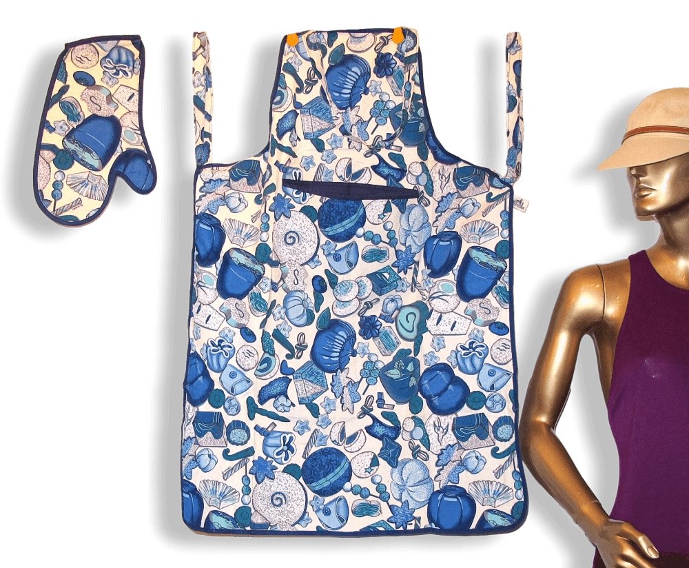 Hermes Vintage Blue Turquoise White 100% Cotton Cooking Apron and Barbecue Oven Glove, Mint! - poupishop