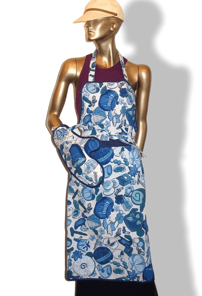 Hermes Vintage Blue Turquoise White 100% Cotton Cooking Apron and Barbecue Oven Glove, Mint! - poupishop