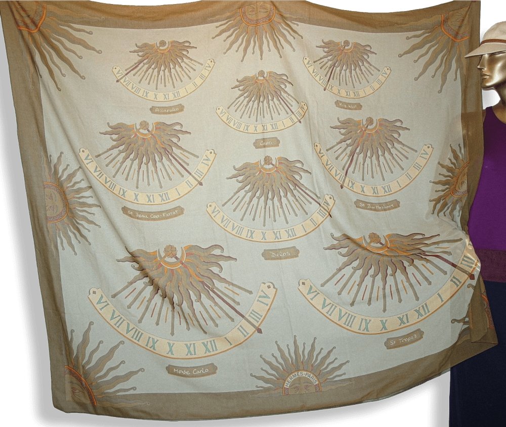Hermes Vintage Bronze Celadon Sundial Huge Muslin of Cotton Pareo, Rare! - poupishop