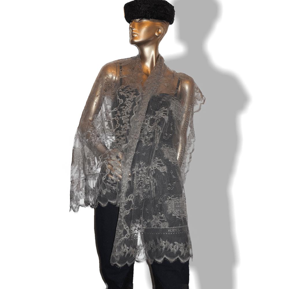 Hermes Vintage Exceptional Etoupe Lace Dentelles Embroidered Stole 76" x 24", Rare! - poupishop