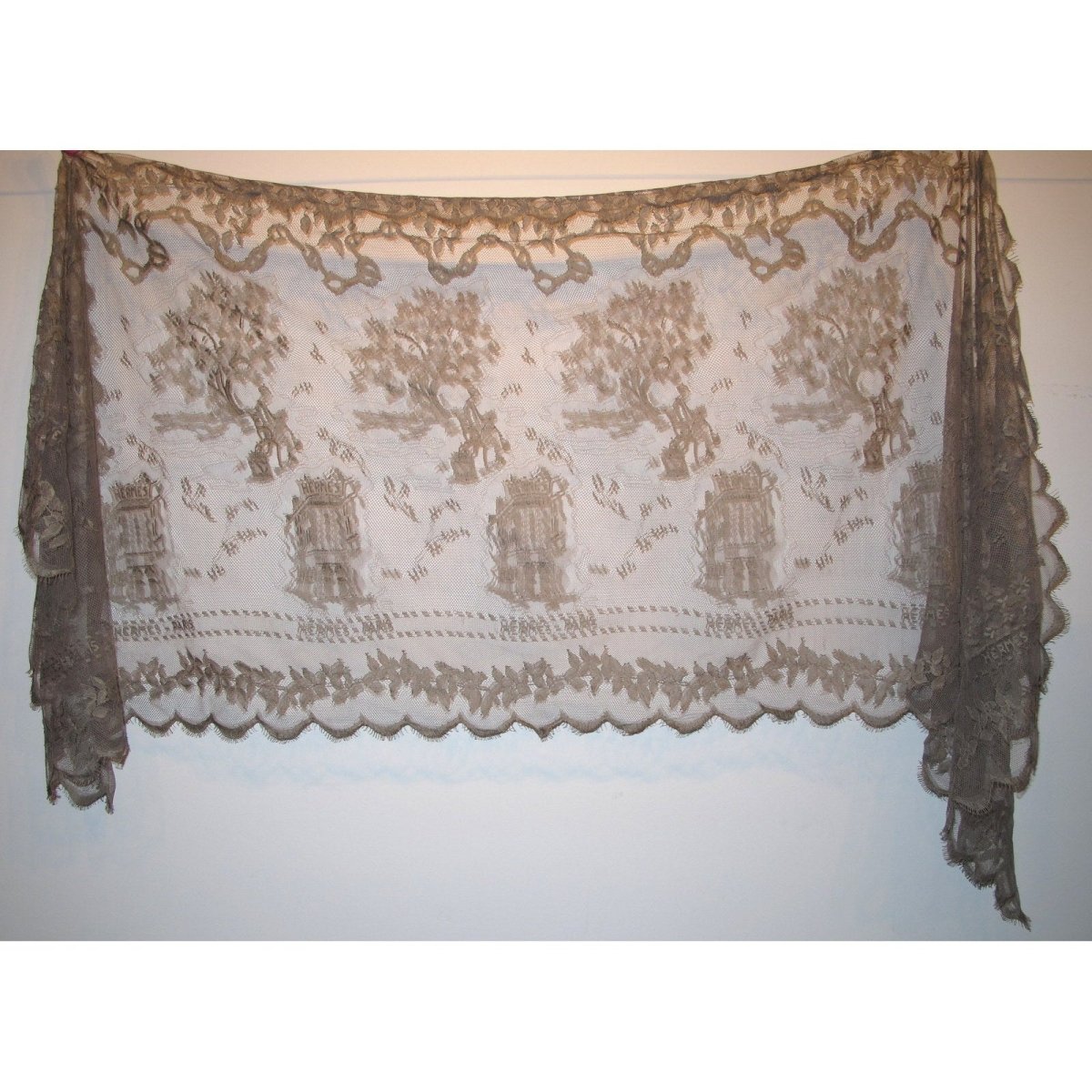 Hermes Vintage Exceptional Etoupe Lace Dentelles Embroidered Stole 76" x 24", Rare! - poupishop