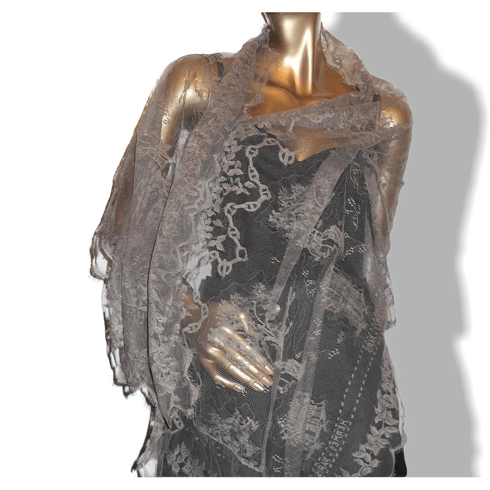 Hermes Vintage Exceptional Etoupe Lace Dentelles Embroidered Stole 76" x 24", Rare! - poupishop