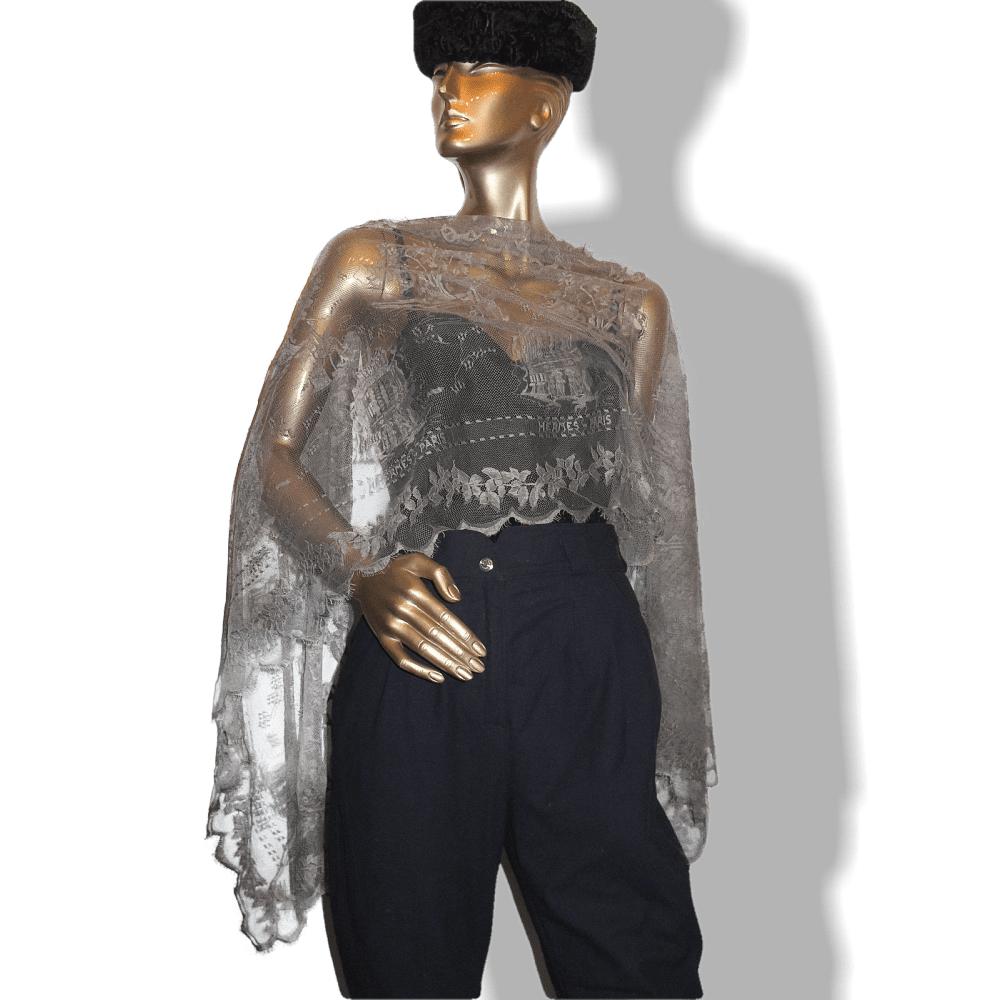 Hermes Vintage Exceptional Etoupe Lace Dentelles Embroidered Stole 76" x 24", Rare! - poupishop