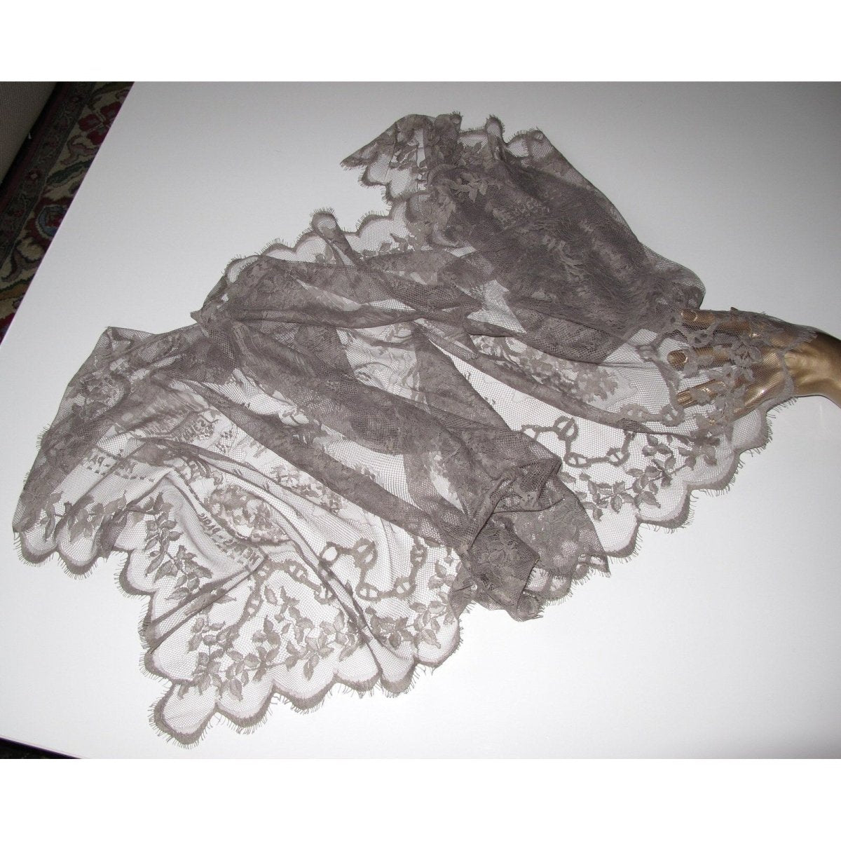 Hermes Vintage Exceptional Etoupe Lace Dentelles Embroidered Stole 76" x 24", Rare! - poupishop