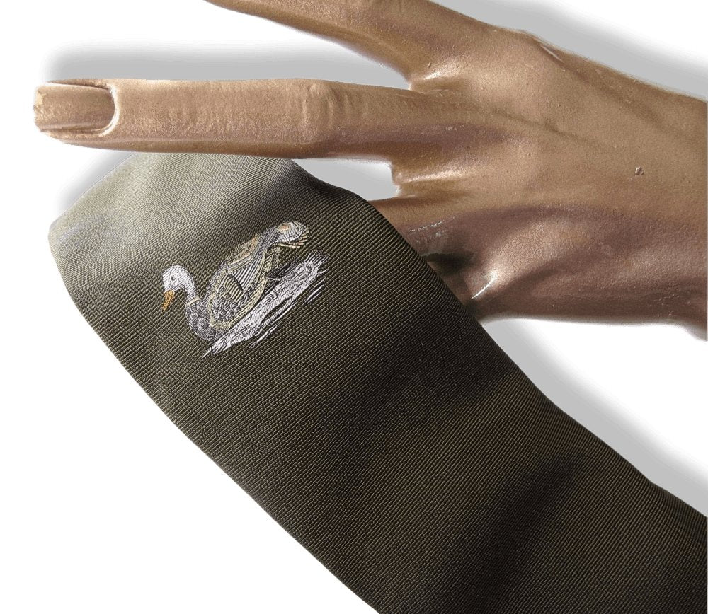 Hermes Vintage Golden Green Bronze Embroidered Duck Hunting Silk Tie, New! - poupishop