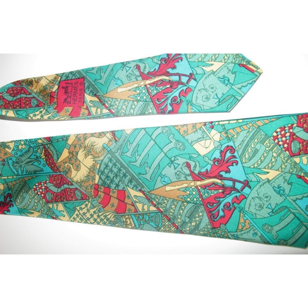 Hermes Vintage Green Etendards et Bannieres Twill Silk Tie, Nr 7286 MA - poupishop